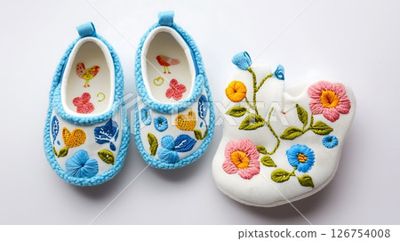 A pair of blue and white shoes with flowers embroidered on them A pair of blue and white shoes with flowers embroidered on them 126754008