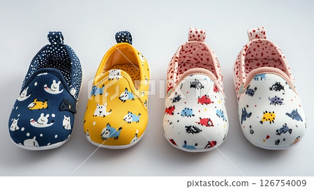 Four different colored children's shoes with animal prints Four different colored children's shoes with animal prints 126754009