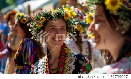 A group of young women with floral crowns smiles during a cultural festival. They wear colorful traditional dresses and are surrounded by greenery. 126754027
