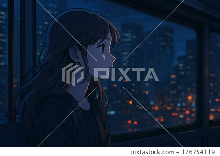 夜晚望向窗外的女人的側面像 126754119