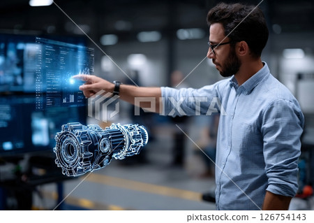 digital twins concept with business engineer interacting with holographic machinery, tech simulation 126754143