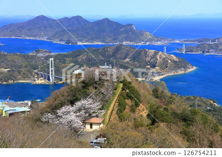 [Ehime Prefecture] Yumeshima Kaido (Iwaki Bridge and Ikina Bridge) seen from Mount Sekizen with cherry blossoms in bloom 126754211