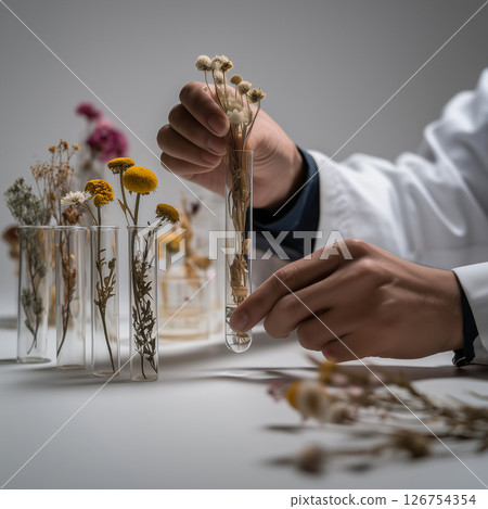 Scientist Hand Putting Flowers and Plants in Test Tube for Experiment in Laboratory Setting 126754354