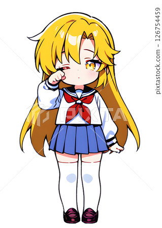 A blonde high school girl in a sailor suit rubbing her eyes sleepily A blonde high school girl in a sailor suit rubbing her eyes sleepily 126754459