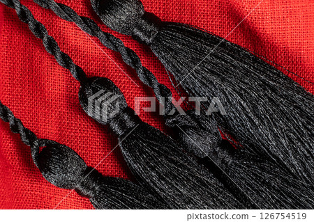 Traditional Ukrainian Embroidered Linen Shirt with Decorative Fabric Tassels. 126754519