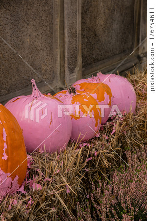 Exterior Beautiful atmospheric halloween pink pumpkins decorated on porch. Autumn leaves and fall flowers celebration holiday Thanksgiving October season Exterior Beautiful atmospheric halloween pink pumpkins decorated on porch. Autumn leaves and fall flowers celebration holiday Thanksgiving October season 126754611