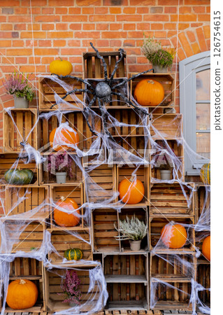 Group of orange pumpkins in wooden boxes in autumn outside. Thanksgiving or Halloween holiday autumn decoration. House entrance in festive seasonal decor. Fall Group of orange pumpkins in wooden boxes in autumn outside. Thanksgiving or Halloween holiday autumn decoration. House entrance in festive seasonal decor. Fall 126754615