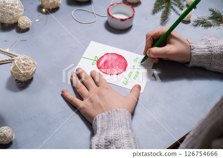 Christmas ball Gift Christmas idea. Do it yourself instruction postcard eco-friendly decoration. Making handmade presents children's diy projects. Holiday family time 126754666