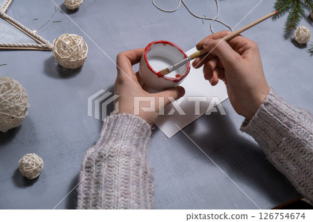 Christmas balls Storytelling of creating craft Christmas greeting card holiday present. Tactile hand-on activity. Master class progress of creative me-made gifts. Seasonal domestic life micro moment 126754674