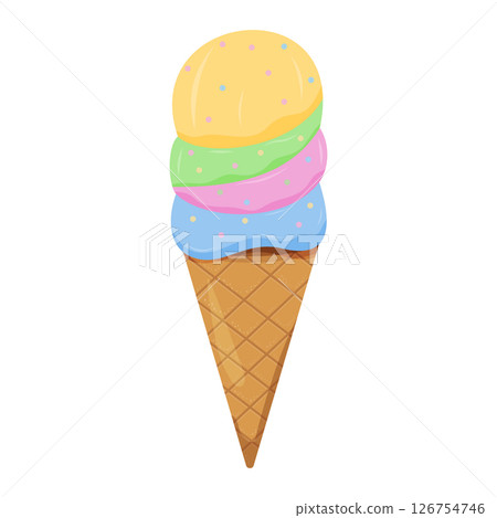 Colorful ice cream cone with three scoops in a waffle cone Colorful ice cream cone with three scoops in a waffle cone 126754746