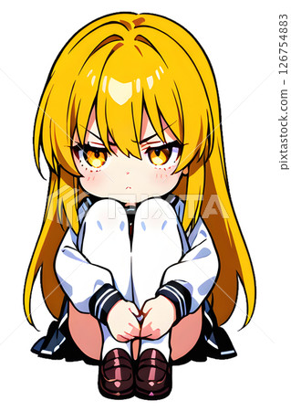 金髮水手服高中女生坐在地板上生氣 126754883