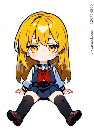 A tired blonde high school girl in a sailor suit sits on the ground 126754890