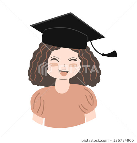 Happy cute little kid girl graduate from school. Smiling kindergarten girl in graduate hat. Vector icon illustration 126754900