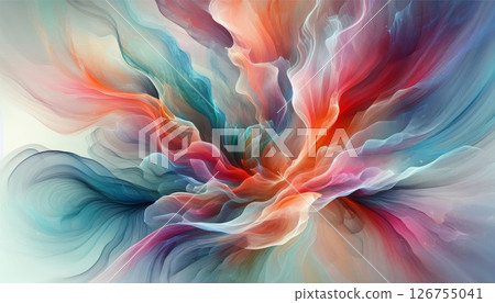 Bright translucent shades of coral, teal, magenta, and orange flow through abstract watercolor layers, glowing against a light, airy background 126755041