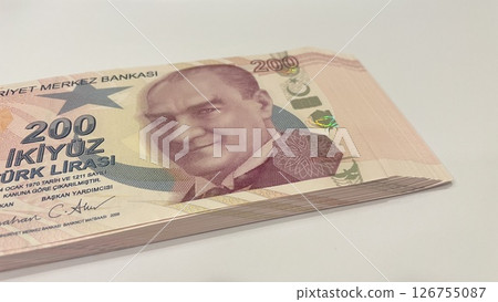 Turkish 200 lira banknotes, financial currency concept, macro view of Turkish money, economy 126755087