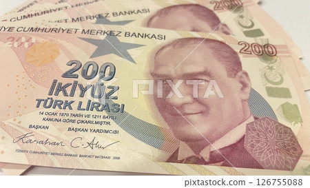 Turkish 200 lira banknotes, financial currency concept, macro view of Turkish money, economy Turkish 200 lira banknotes, financial currency concept, macro view of Turkish money, economy 126755088