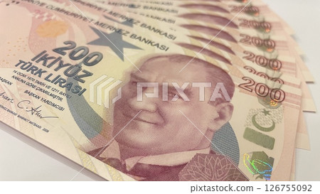 Turkish 200 lira banknotes, financial currency concept, macro view of Turkish money, economy 126755092