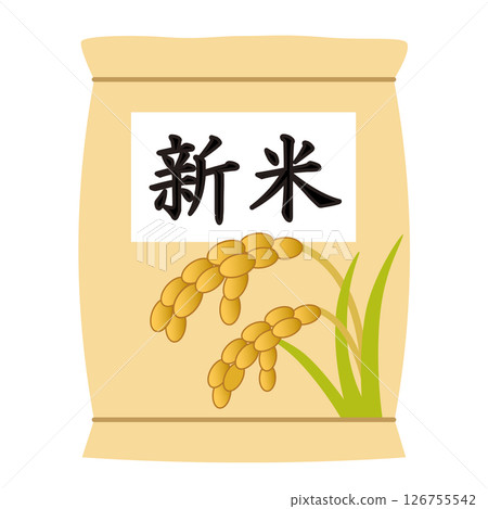 米袋中新收穫的大米的插圖，帶有手繪稻穗圖案 126755542