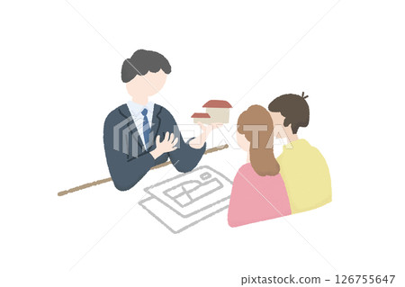 一對夫婦專心聽建築師或銷售員講解他們的房屋設計 日常生活插圖 建築公司流程 126755647