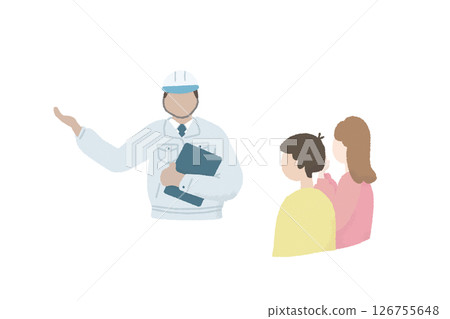 A couple attending a new construction site and a site supervisor explaining the process Illustration of Life Construction company's process A couple attending a new construction site and a site supervisor explaining the process Illustration of Life Construction company's process 126755648