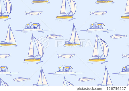 Summer sea coast pattern with yachts, island and sardines. Italy and Amalfi coast seamless background. Italian hand drawn pattern with boat, sailboat, rock, coastal house. Linear vector illustration. 126756227