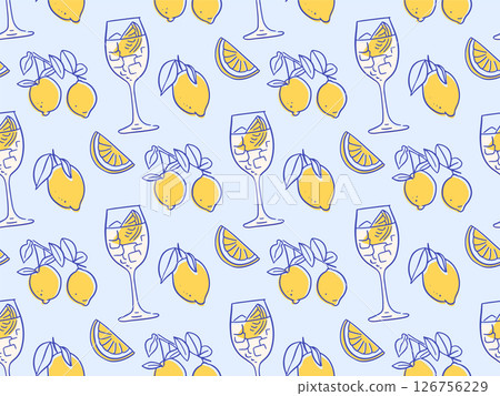 Trendy Hand drawn summer beach vacation in Italy mood Italian lemon Cocktails. Vacation seamless pattern. Contour hand drawn vector illustration. 126756229