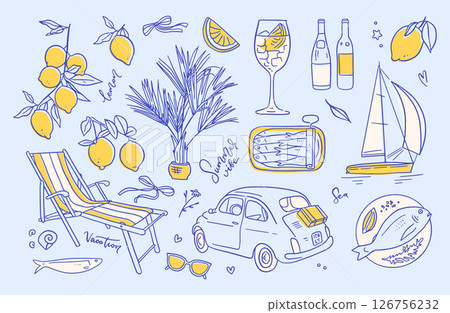 Italian amalfi summer vacation elements set with lemons in doodle style . Vector linear ink hand drawn Italy coast sea or beach stuff. Sea weekend collection for beach party, picnic. 126756232