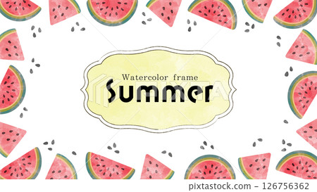 可愛的西瓜圖案相框。夏季水彩水果背景。水彩裝飾。 可愛的西瓜圖案相框。夏季水彩水果背景。水彩裝飾。 126756362