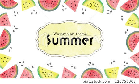Cute frame with watermelon pattern. Summery watercolor fruit background. Watercolor decoration. Cute frame with watermelon pattern. Summery watercolor fruit background. Watercolor decoration. 126756363