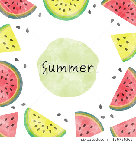 Cute frame with watermelon pattern. Summery watercolor fruit background. Watercolor decoration. 126756365