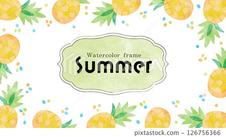 Cute frame with pineapple pattern. Summery watercolor fruit background. Watercolor decoration. Cute frame with pineapple pattern. Summery watercolor fruit background. Watercolor decoration. 126756366