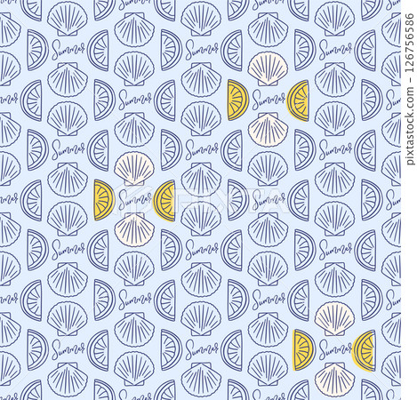Summer doodle hand drawn seamless pattern. Mediterranean life in blue and yellow color. Piece of lemon with seashell. Vibe of Italy, Greece, Mediterranean. Vector illustration 126756586