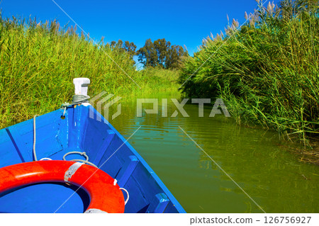 Blue boat sailing in Albufera lake of Valencia 126756927