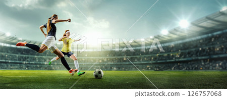 Hand made collage. Two female soccer players leap high to intercept soaring ball, suspended above field in dynamic motion. 3D rendering stadium 126757068