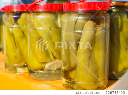 mediterranean pickled green pepper in vinegar mediterranean pickled green pepper in vinegar 126757413