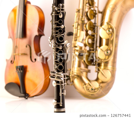 Sax tenor saxophone violin and clarinet in white 126757441