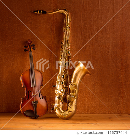 Classic music Sax tenor saxophone violin in vintage 126757444