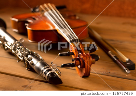 Classic music violin and clarinet in vintage wood 126757459