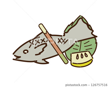 Grilled fish presented in a cute arrangement with perilla leaves and lemon Grilled fish presented in a cute arrangement with perilla leaves and lemon 126757516