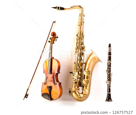 Sax tenor saxophone violin and clarinet in white 126757527