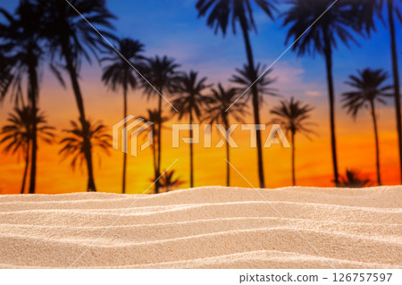 tropical palm tree sunset sky on sand dune beach 126757597