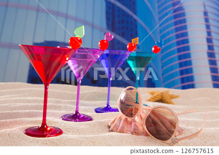 colorful cocktail in a row with cherry sand in urban city colorful cocktail in a row with cherry sand in urban city 126757615