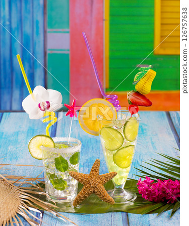 Mojito and lemon lime Cocktails in tropical blue wood 126757638