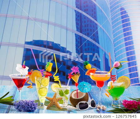 Colorful many tropical Cocktails in urban city building 126757645