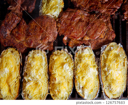 Barbecue grilled beef meat and prepared potatoes 126757683
