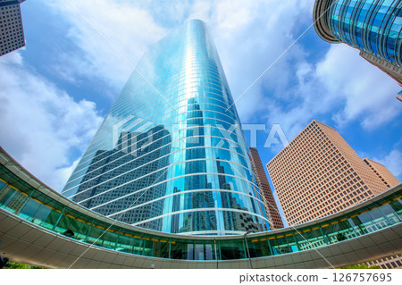 Houston downtown skyscrapers disctict blue sky mirror 126757695