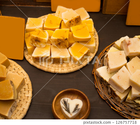 Traditional handmade soap stacked on wood Traditional handmade soap stacked on wood 126757718