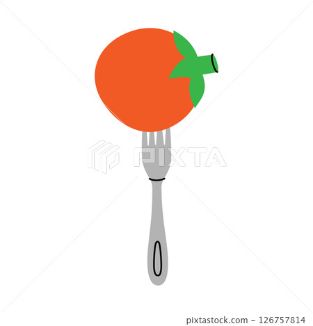 Fresh tomato pierced on a fork. Minimal food concept symbolizing freshness, cooking, and healthy eating. Organic farm vegetable. Vector illustration. 126757814