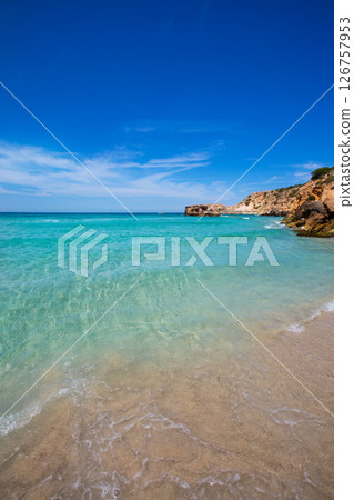 Cala Tarida in Ibiza beach at Balearic Islands 126757953
