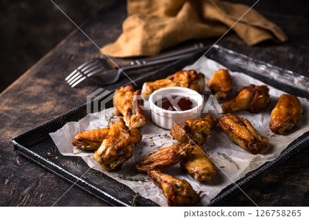 Baked roasted spicy chicken wings with sauce 126758265